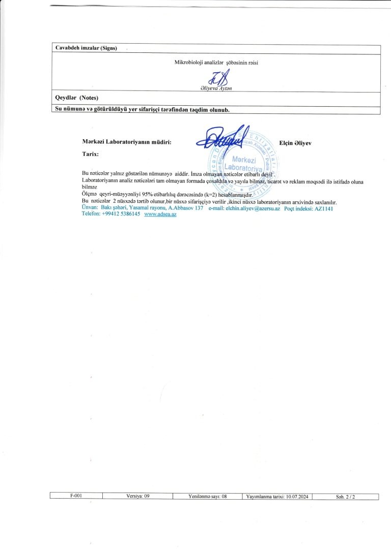 Azərsu altınsuyu mərkəzi laboratoriya mikrobiologiya nəticələri analizleri 1.3-1